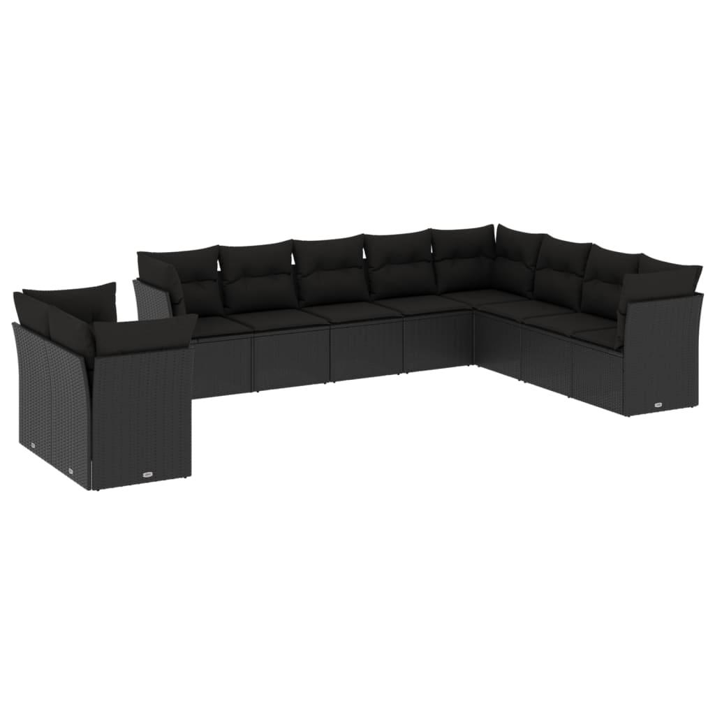 10 Piece Garden Sofa Set with Cushions Black Poly Rattan