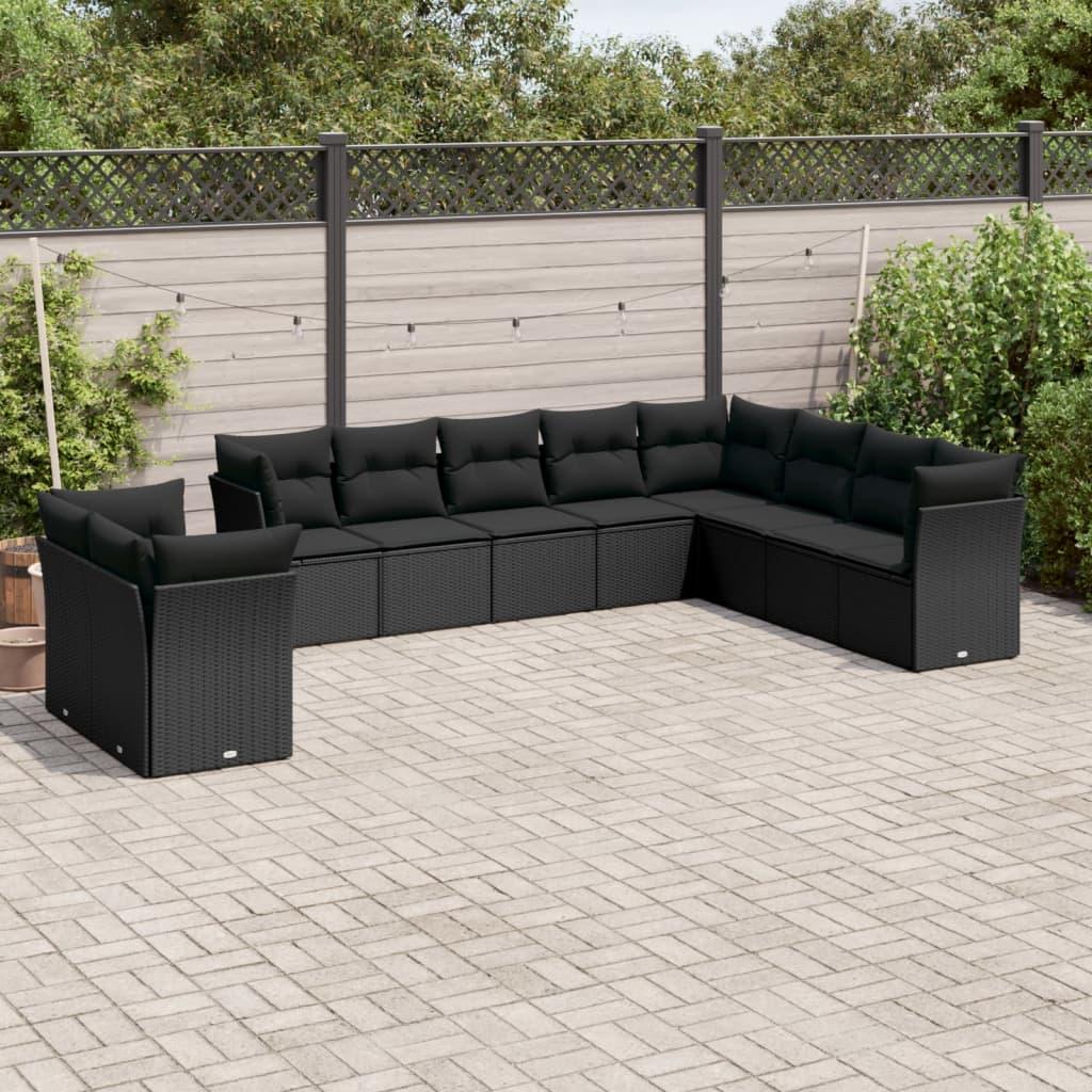 10 Piece Garden Sofa Set with Cushions Black Poly Rattan