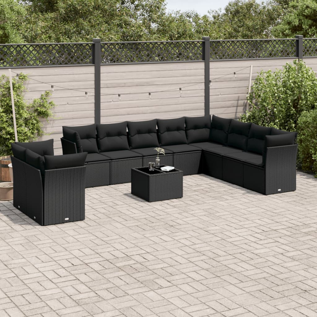 11 Piece Garden Sofa Set with Cushions Black Poly Rattan