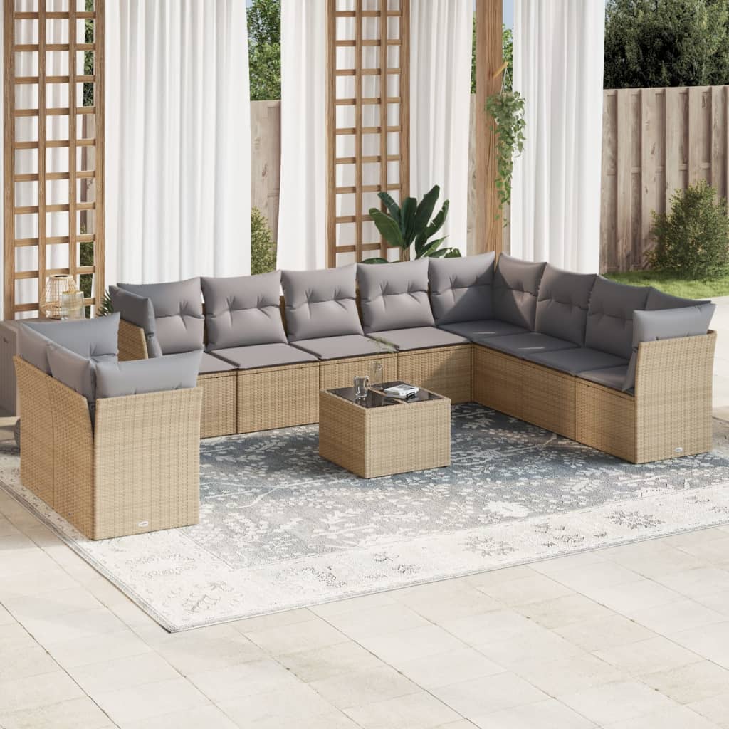 11 Piece Garden Sofa Set with Cushions Beige Poly Rattan