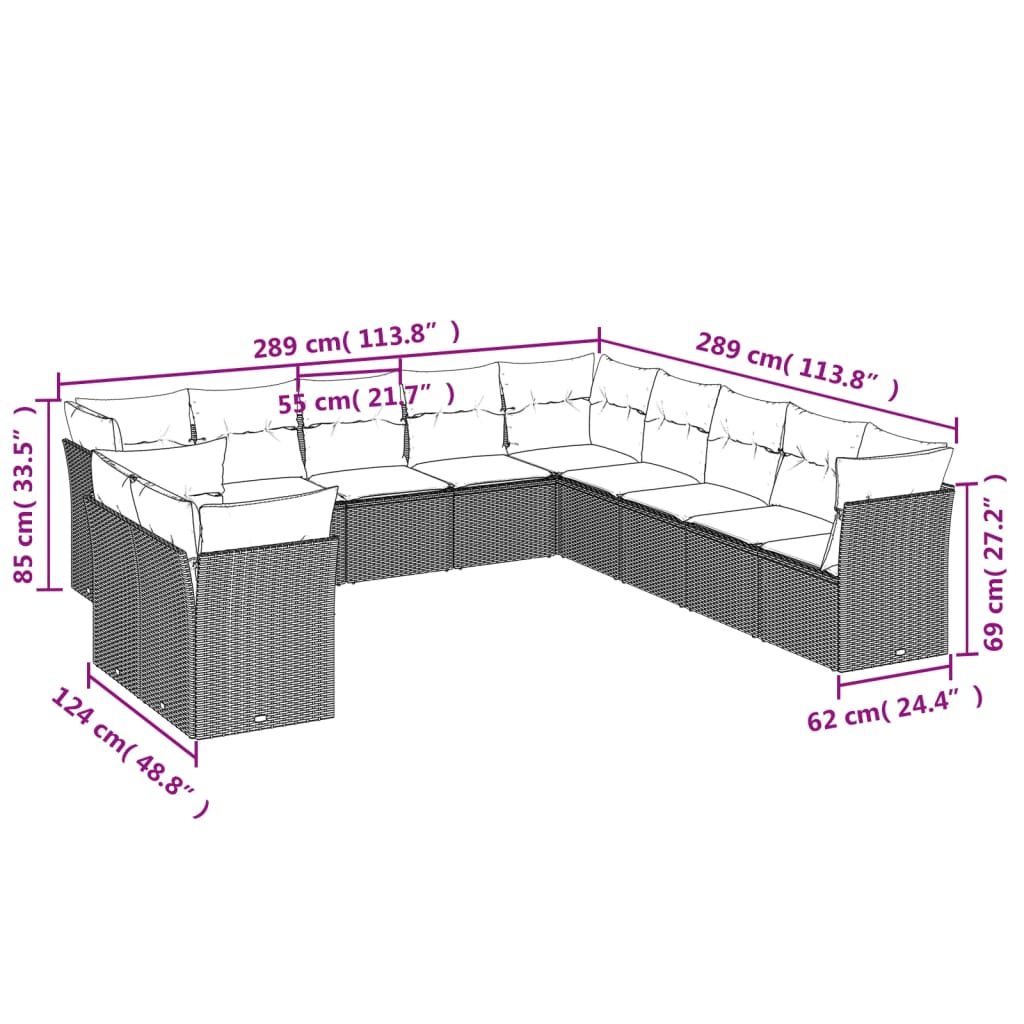 11 Piece Garden Sofa Set with Cushions Grey Poly Rattan