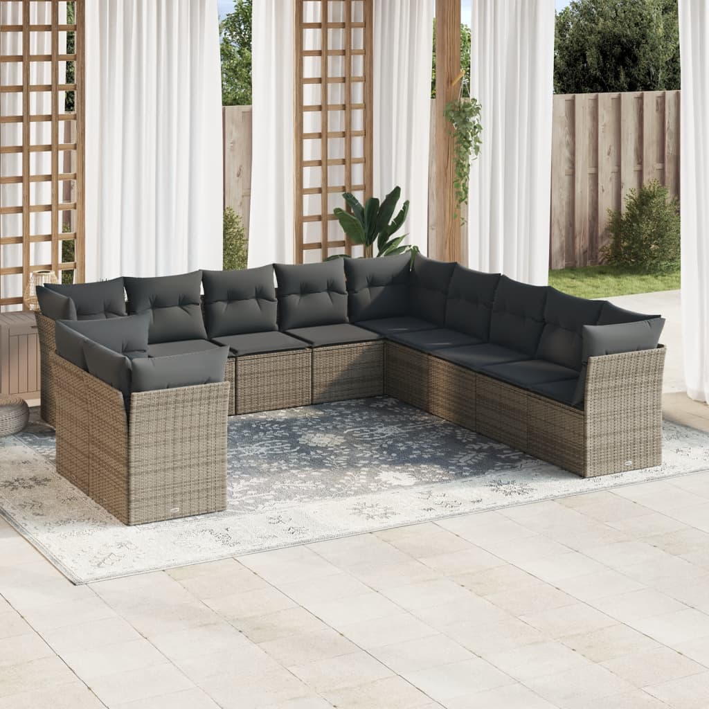 11 Piece Garden Sofa Set with Cushions Grey Poly Rattan