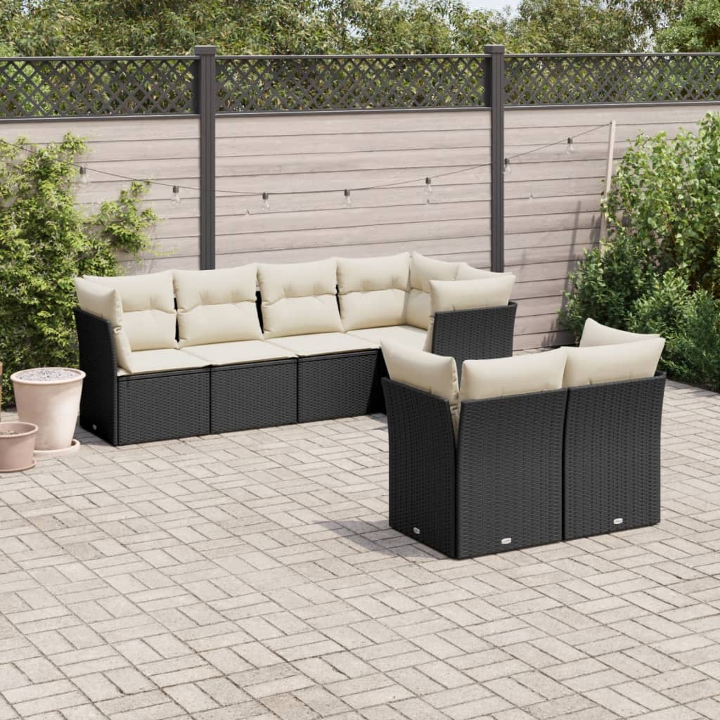 7 Piece Garden Sofa Set with Cushions Black Poly Rattan