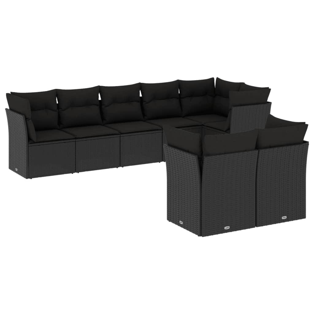 8 Piece Garden Sofa Set with Cushions Black Poly Rattan