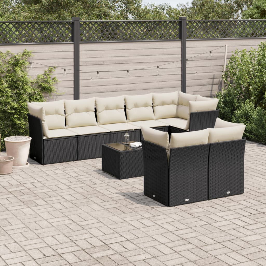 9 Piece Garden Sofa Set with Cushions Black Poly Rattan