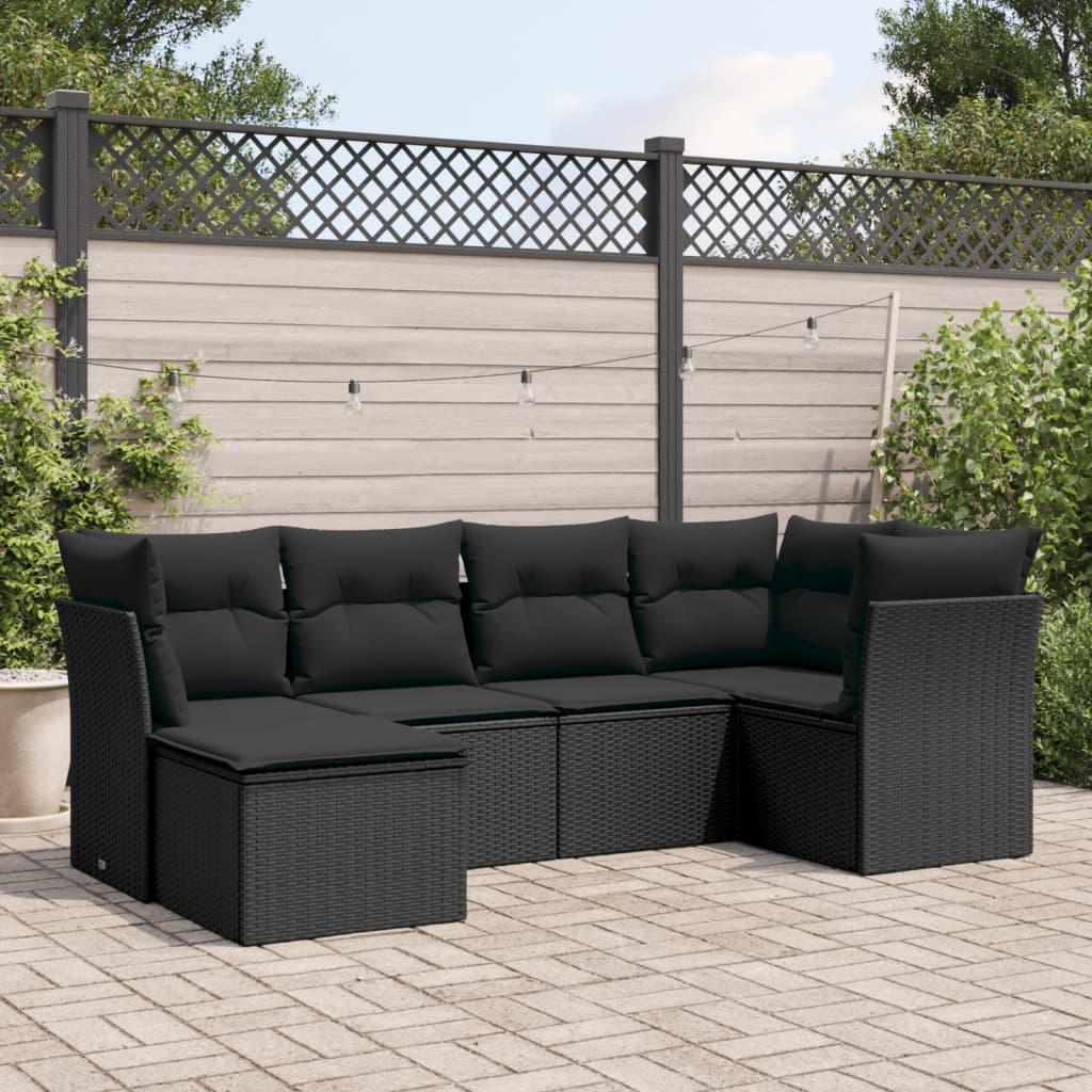 6 Piece Garden Sofa Set with Cushions Black Poly Rattan