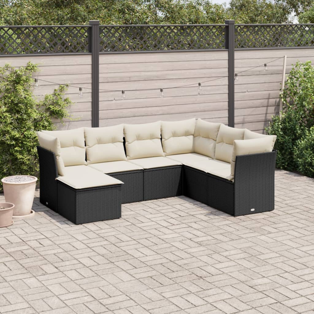 7 Piece Garden Sofa Set with Cushions Black Poly Rattan