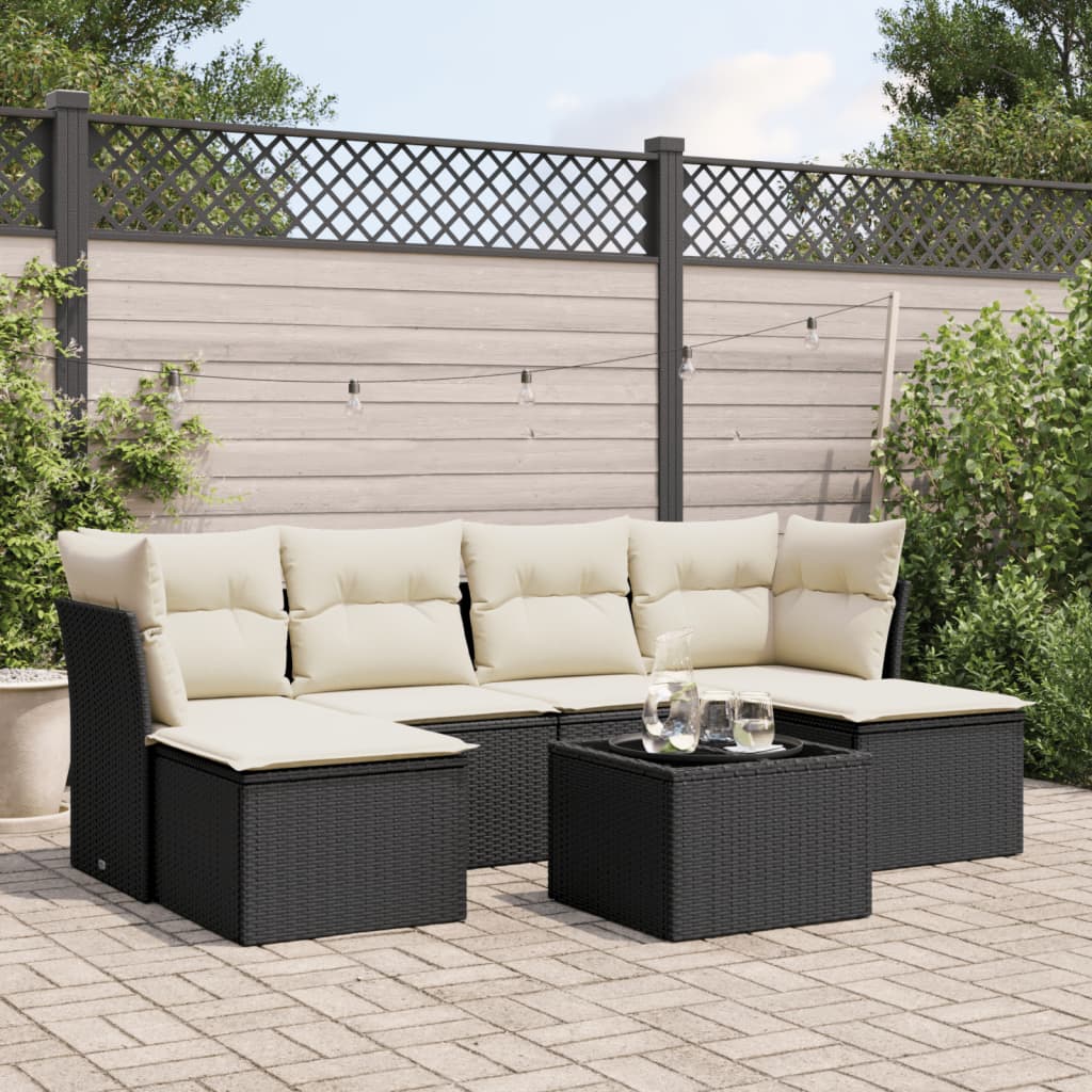 7 Piece Garden Sofa Set with Cushions Black Poly Rattan