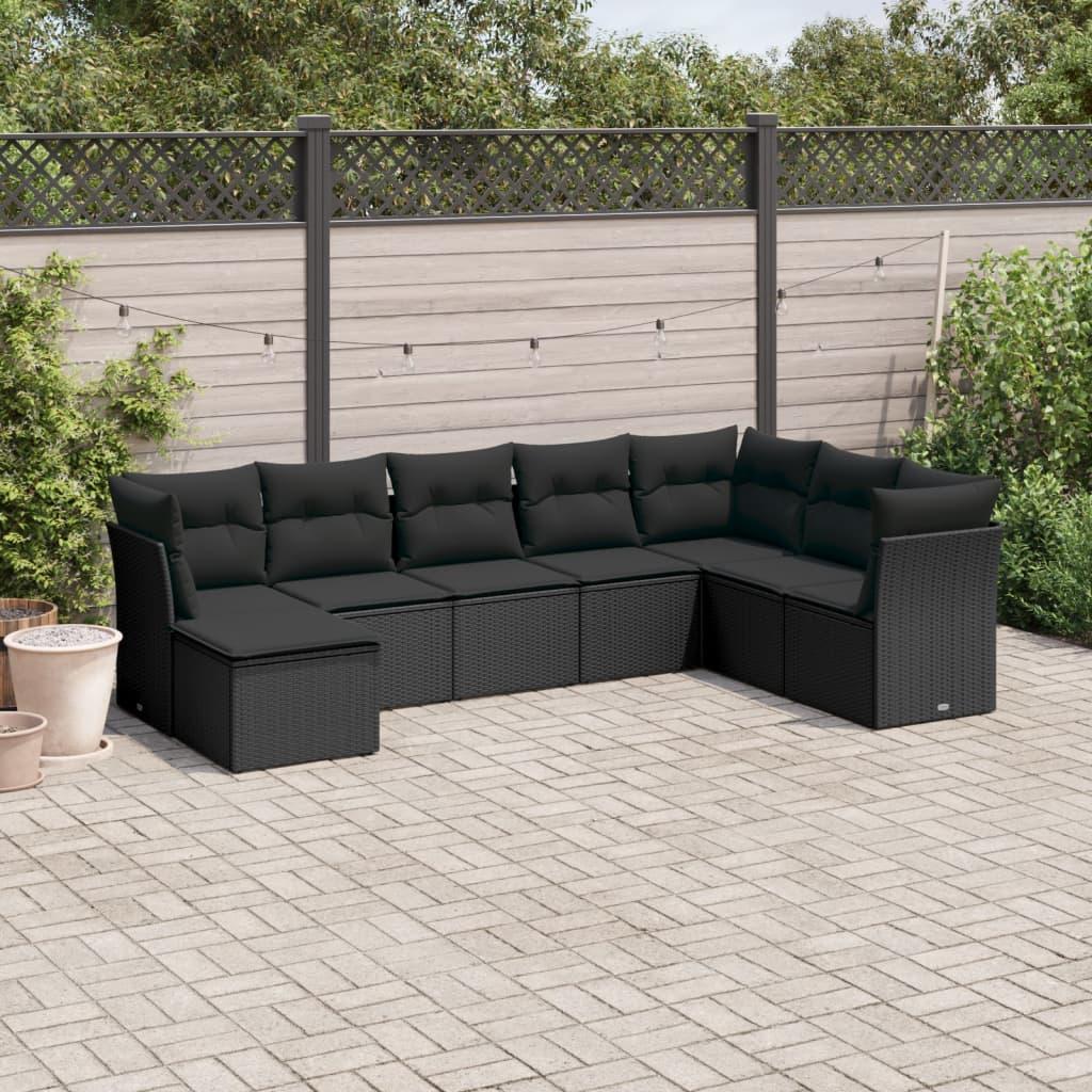 8 Piece Garden Sofa Set with Cushions Black Poly Rattan