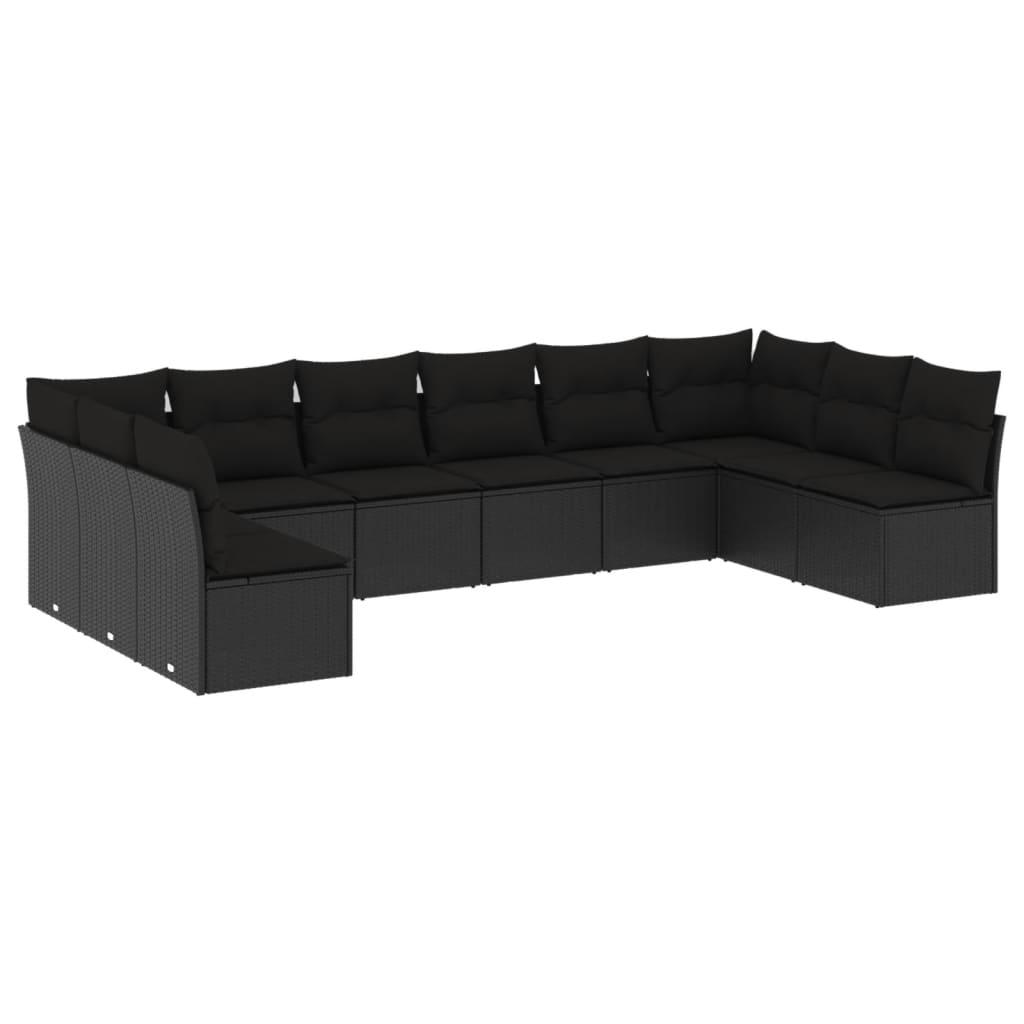 10 Piece Garden Sofa Set with Cushions Black Poly Rattan