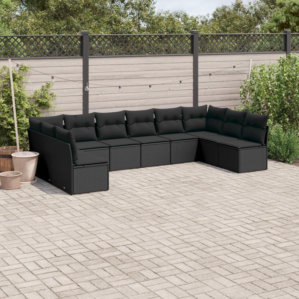 10 Piece Garden Sofa Set with Cushions Black Poly Rattan