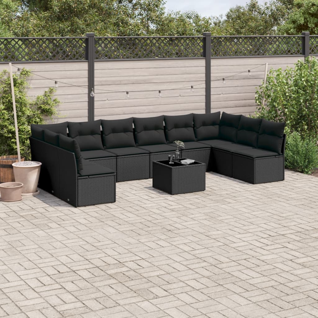 11 Piece Garden Sofa Set with Cushions Black Poly Rattan