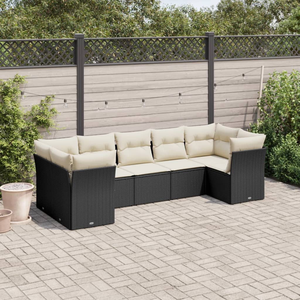 7 Piece Garden Sofa Set with Cushions Black Poly Rattan