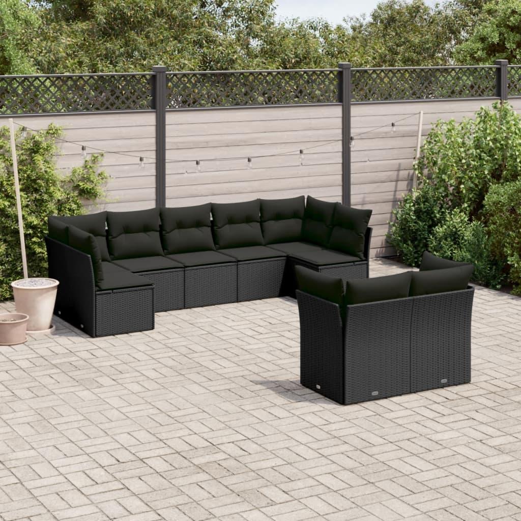 9 Piece Garden Sofa Set with Cushions Black Poly Rattan