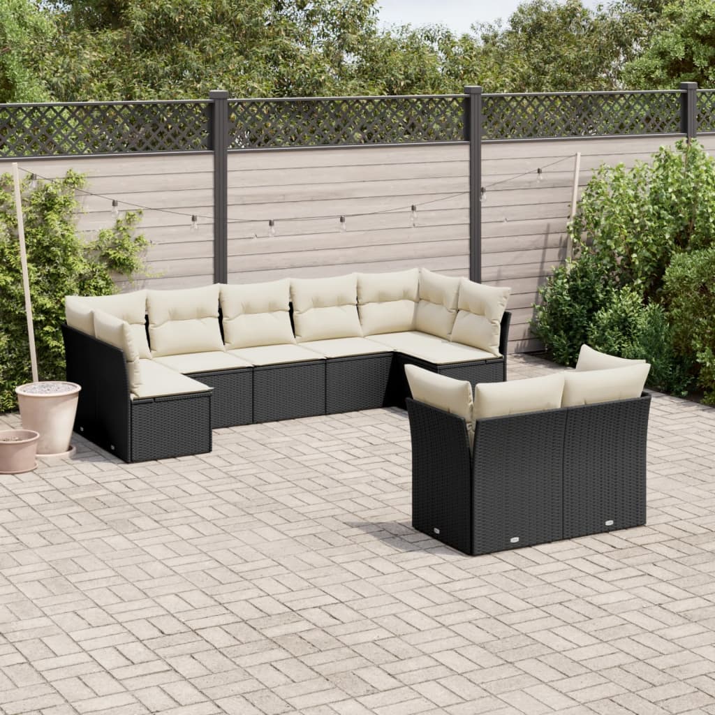 9 Piece Garden Sofa Set with Cushions Black Poly Rattan