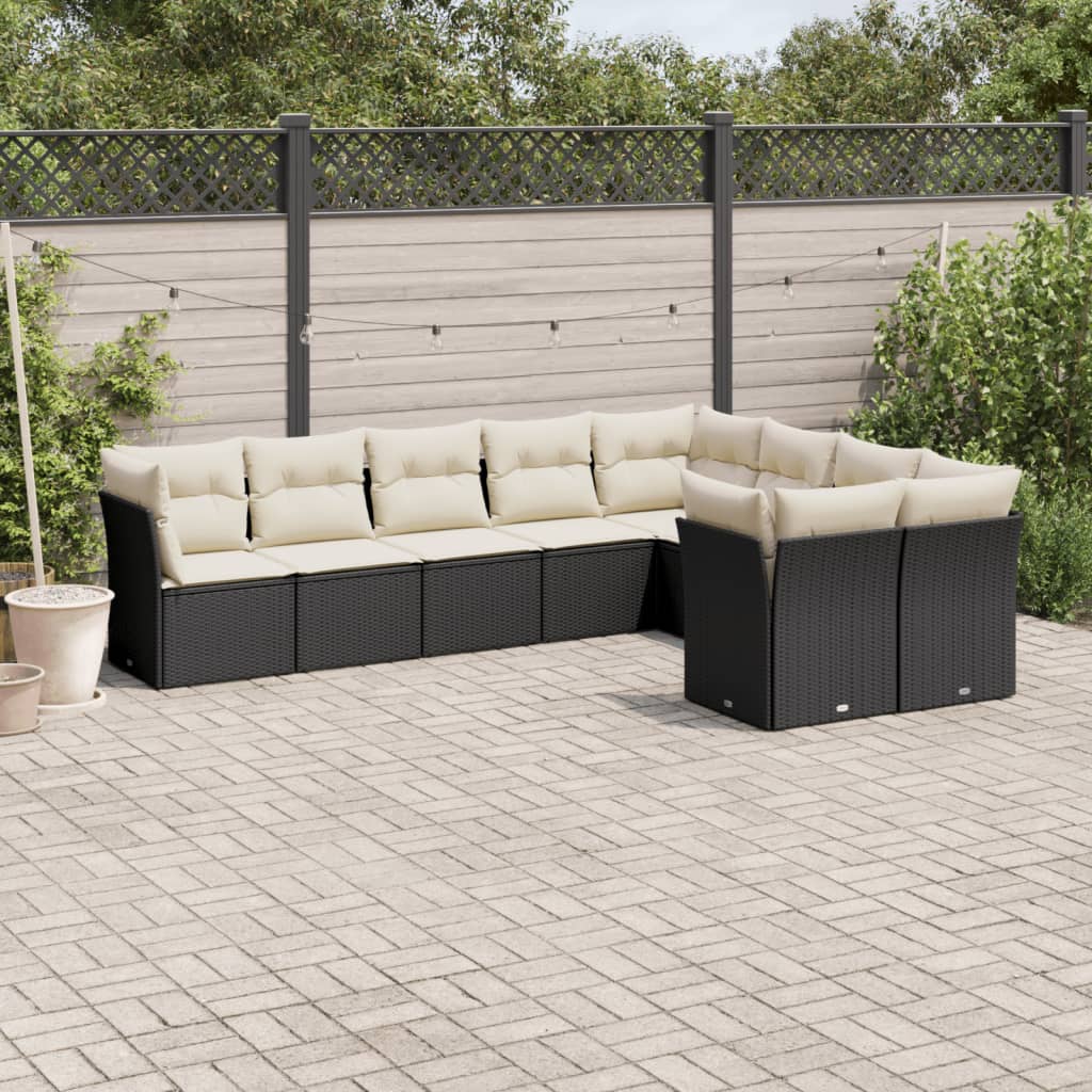 9 Piece Garden Sofa Set with Cushions Black Poly Rattan