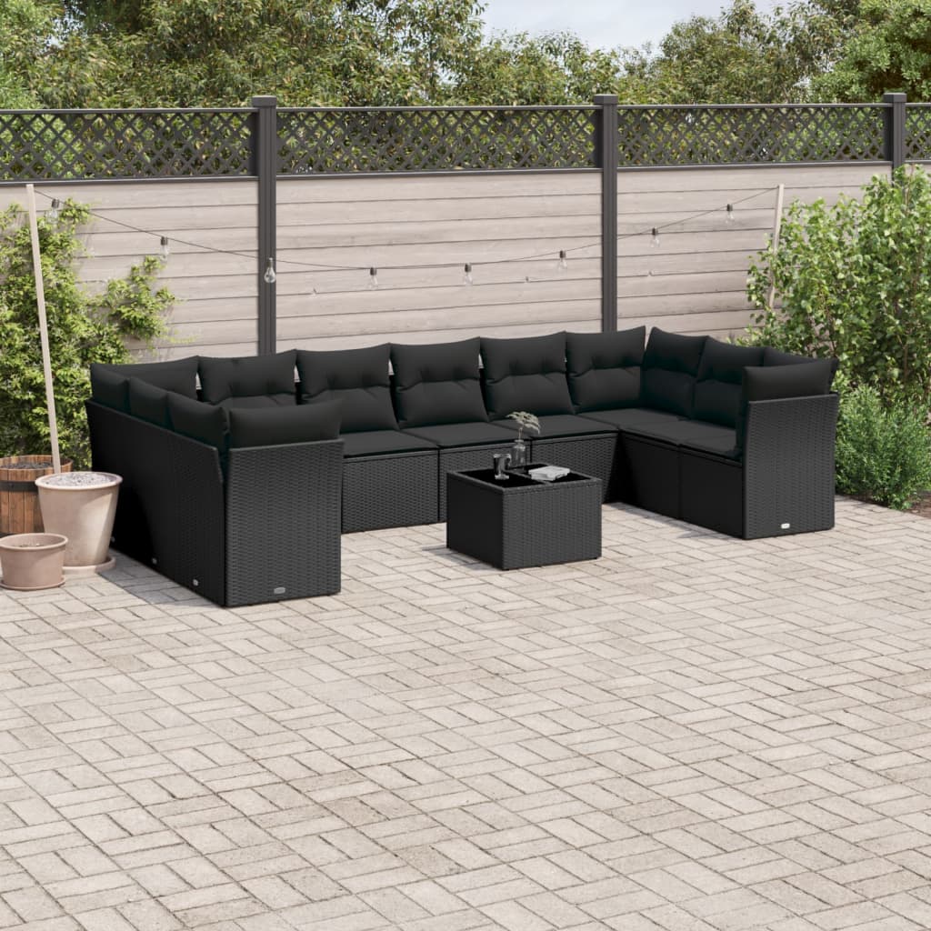 11 Piece Garden Sofa Set with Cushions Black Poly Rattan