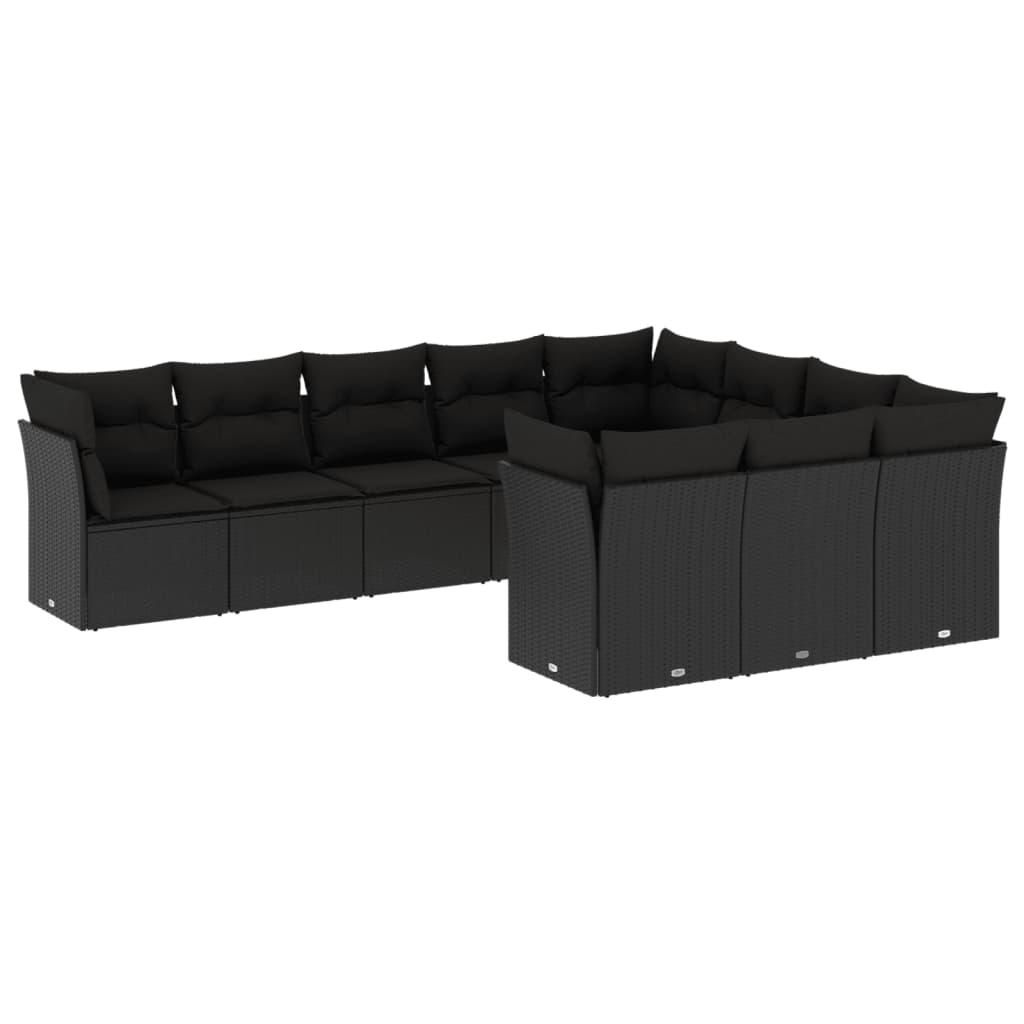 10 Piece Garden Sofa Set with Cushions Black Poly Rattan