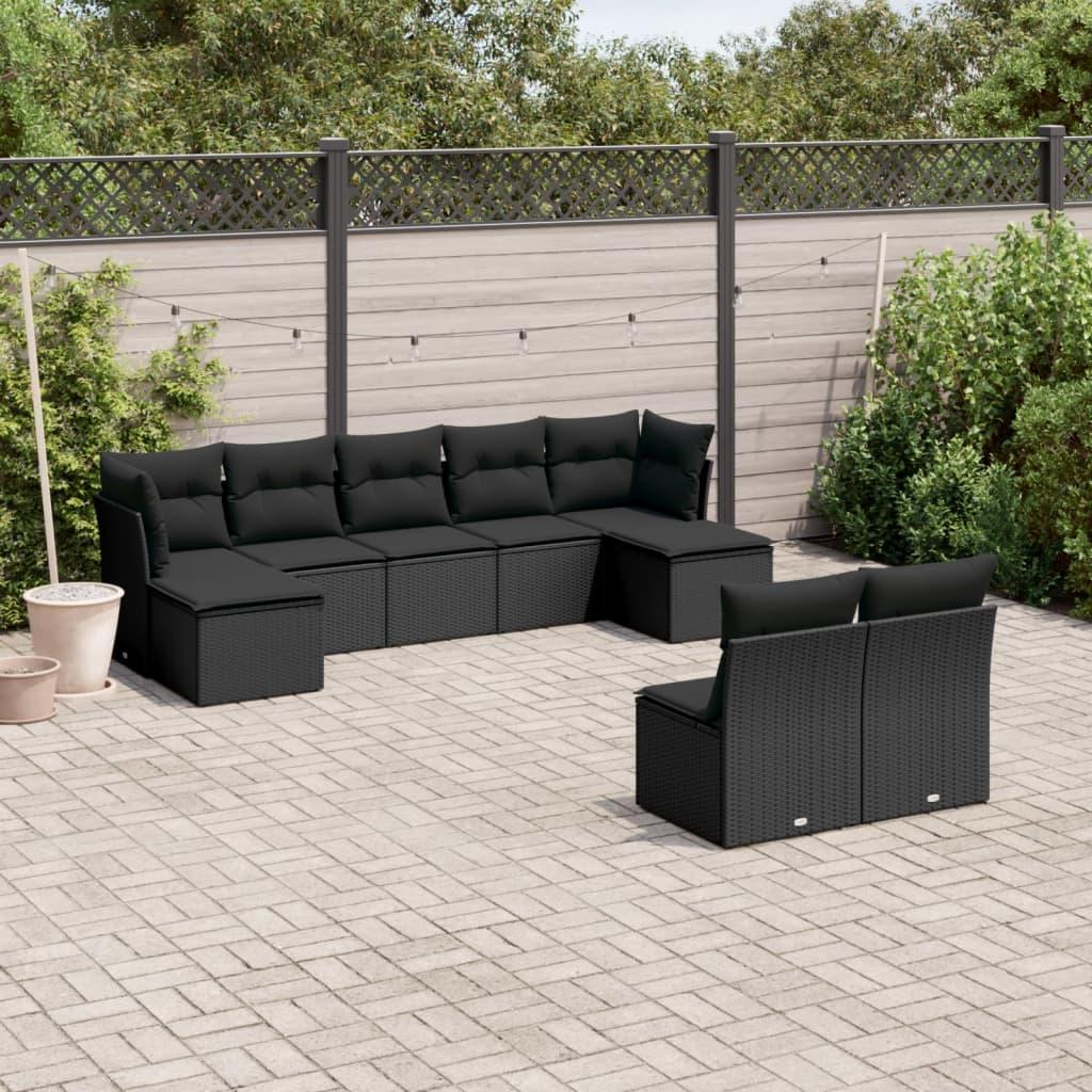 9 Piece Garden Sofa Set with Cushions Black Poly Rattan