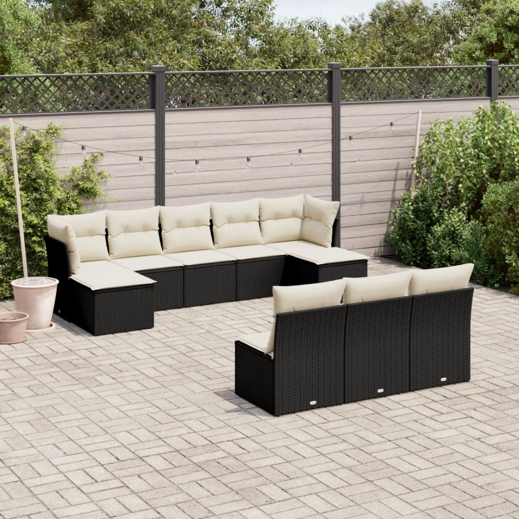 10 Piece Garden Sofa Set with Cushions Black Poly Rattan