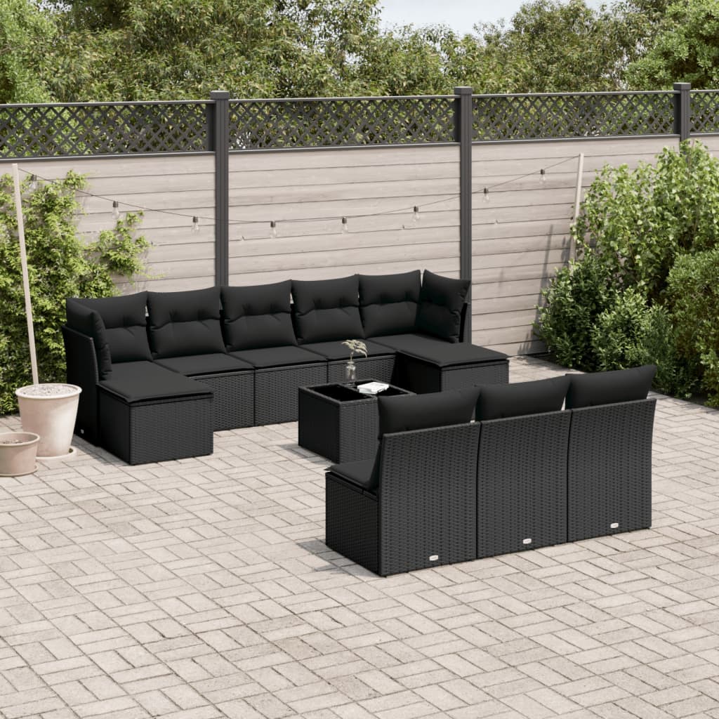 11 Piece Garden Sofa Set with Cushions Black Poly Rattan