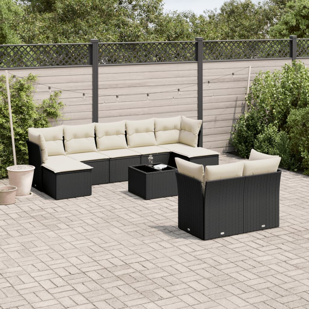 10 Piece Garden Sofa Set with Cushions Black Poly Rattan