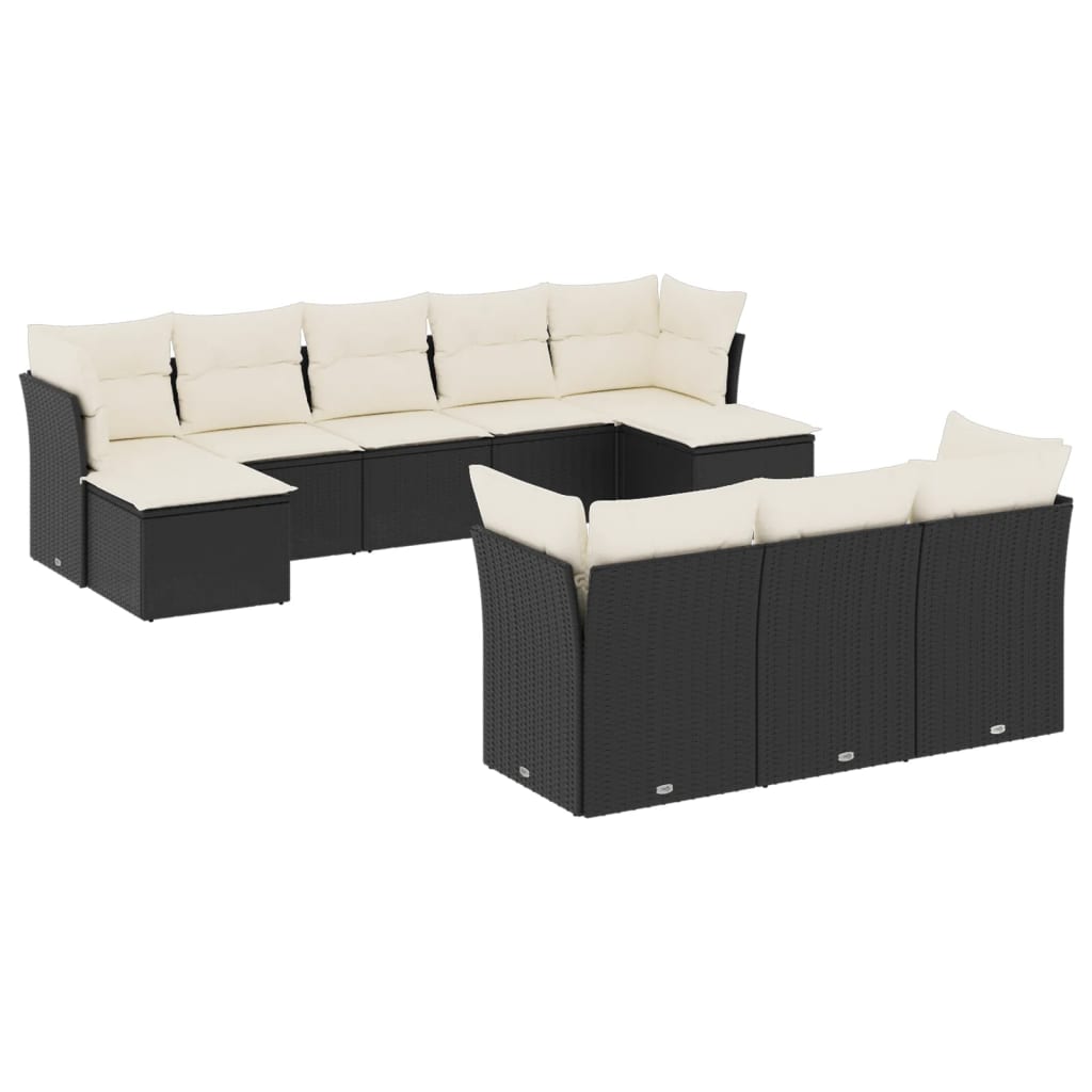 10 Piece Garden Sofa Set with Cushions Black Poly Rattan