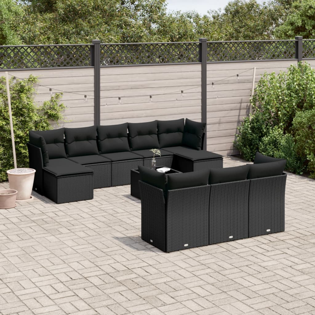 11 Piece Garden Sofa Set with Cushions Black Poly Rattan