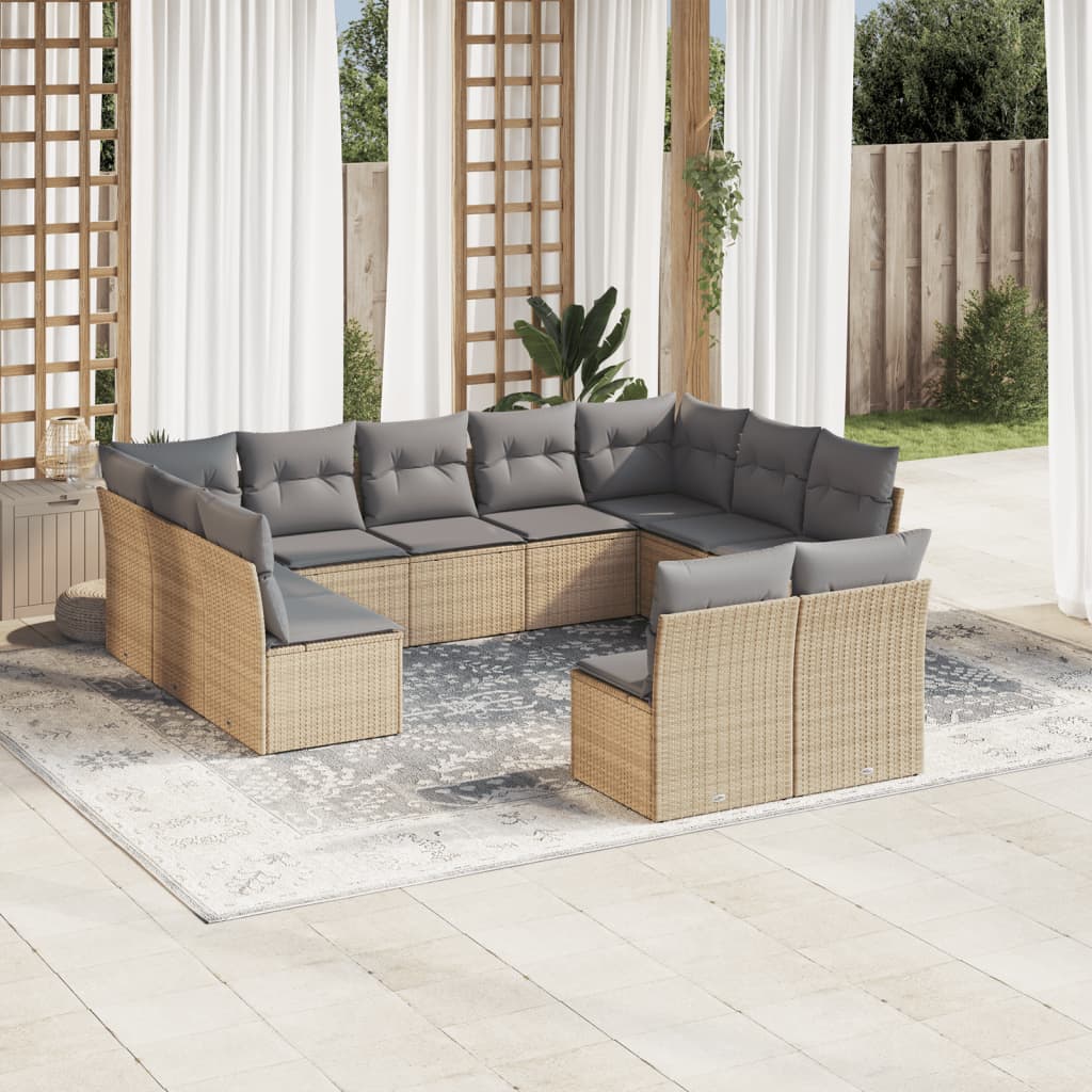 11 Piece Garden Sofa Set with Cushions Beige Poly Rattan