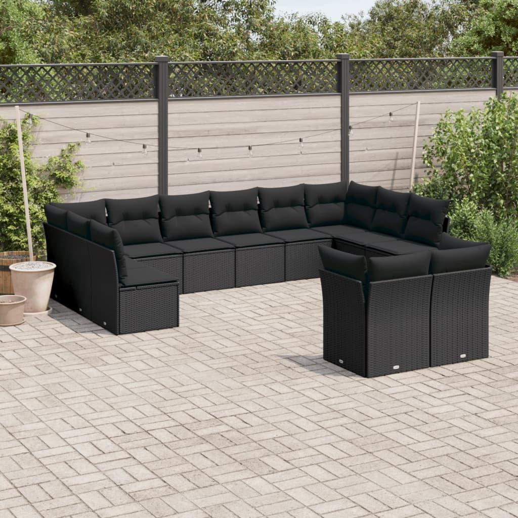 12 Piece Garden Sofa Set with Cushions Black Poly Rattan