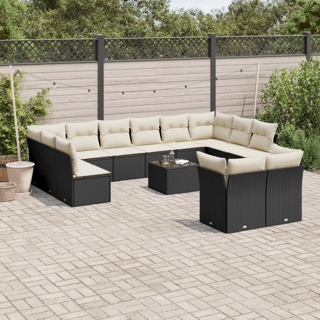 13 Piece Garden Sofa Set with Cushions Black Poly Rattan