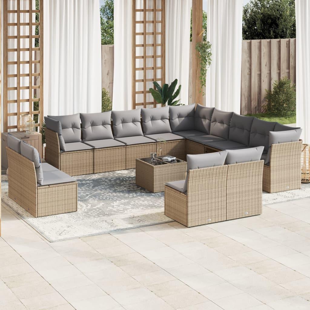 14 Piece Garden Sofa Set with Cushions Beige Poly Rattan