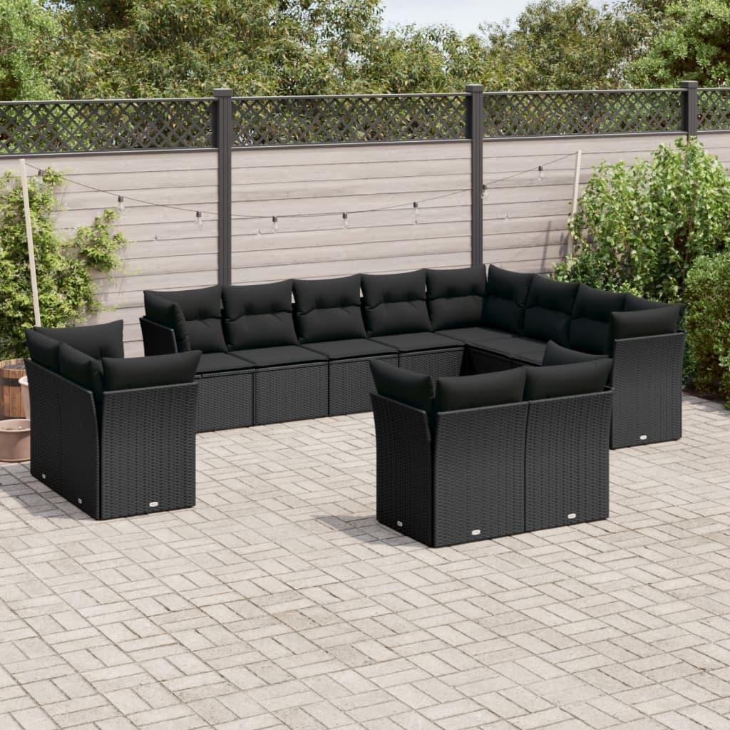 12 Piece Garden Sofa Set with Cushions Black Poly Rattan