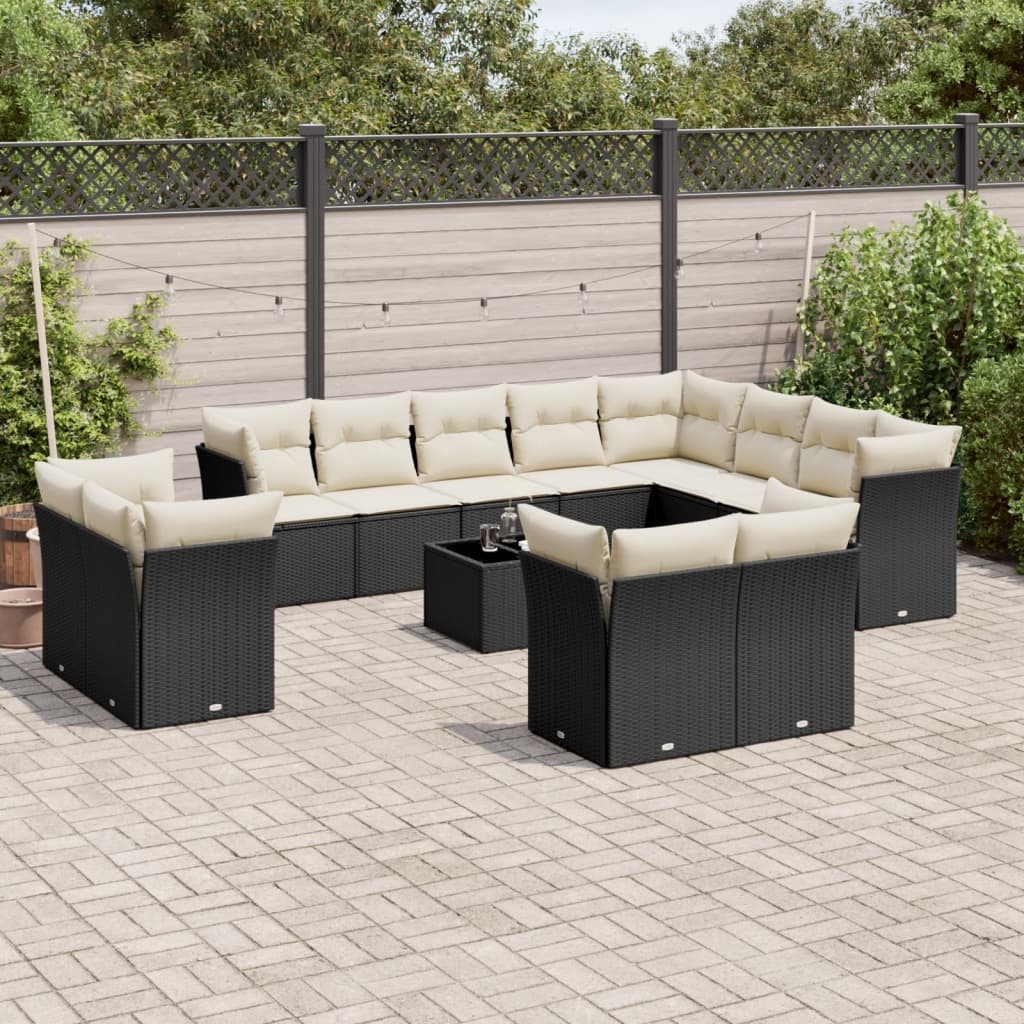 13 Piece Garden Sofa Set with Cushions Black Poly Rattan