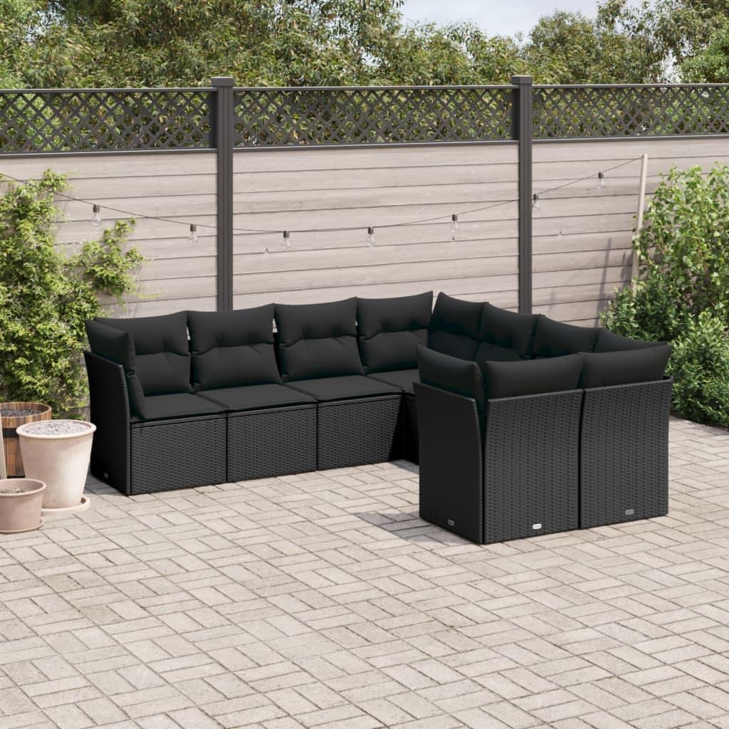 8 Piece Garden Sofa Set with Cushions Black Poly Rattan