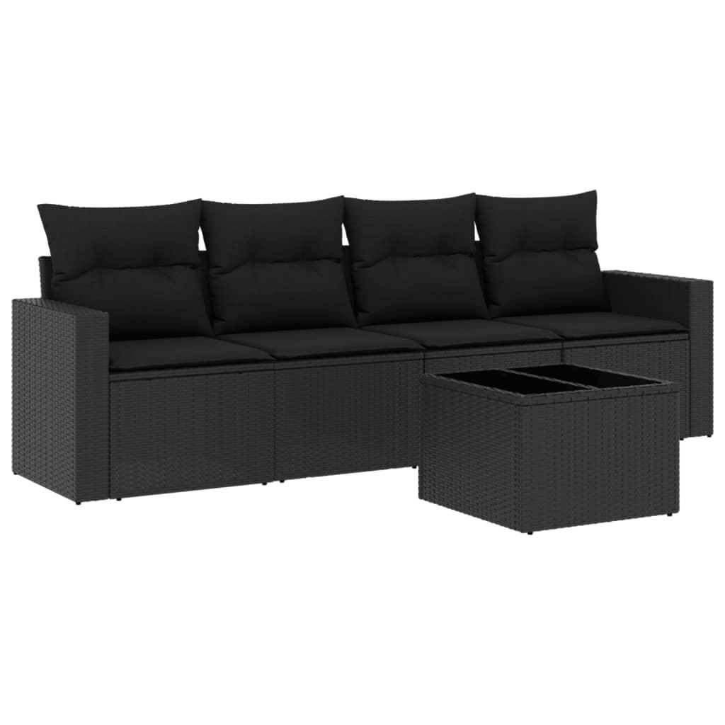 5 Piece Garden Sofa Set with Cushions Black Poly Rattan