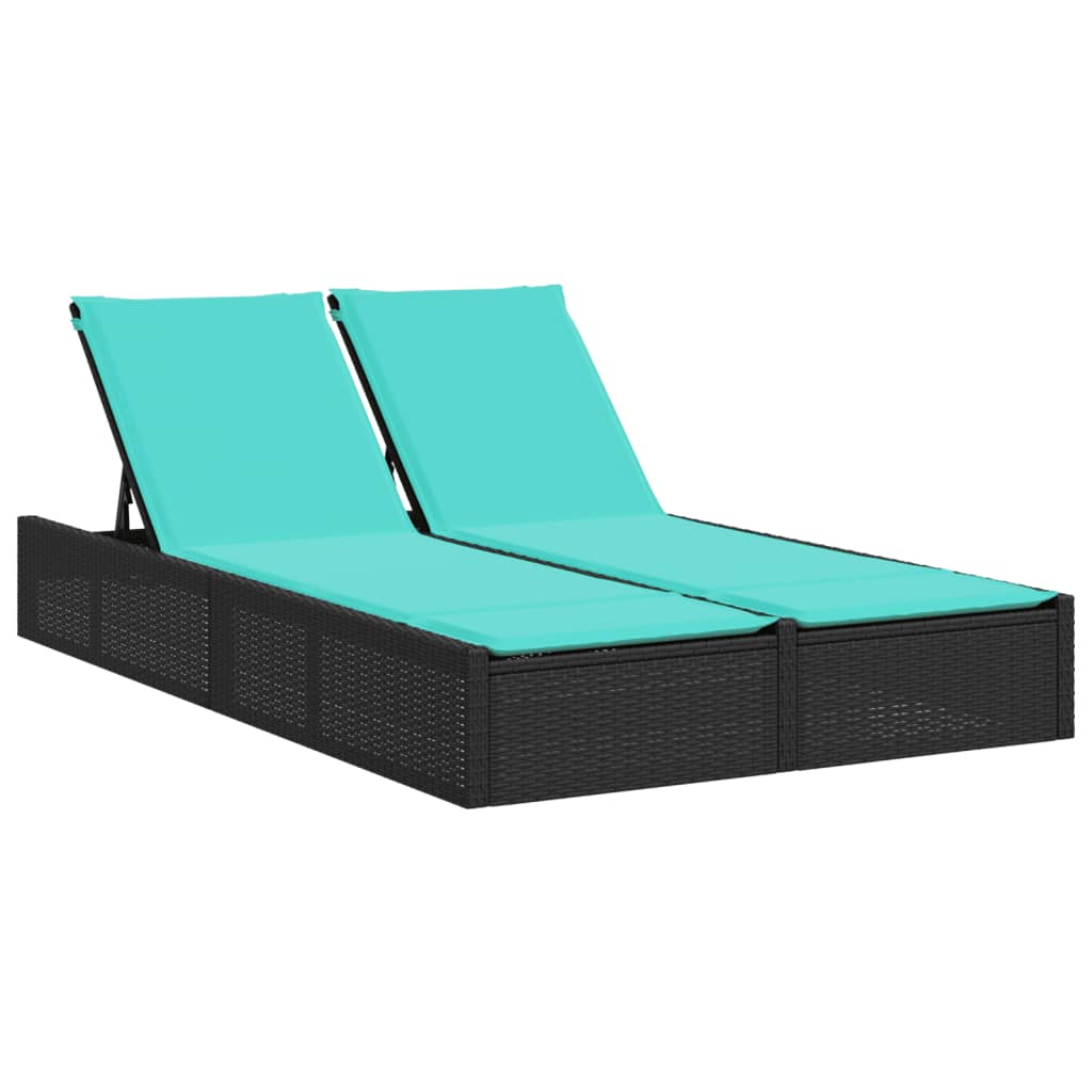 Double Sun Lounger with Cushions Black Poly Rattan