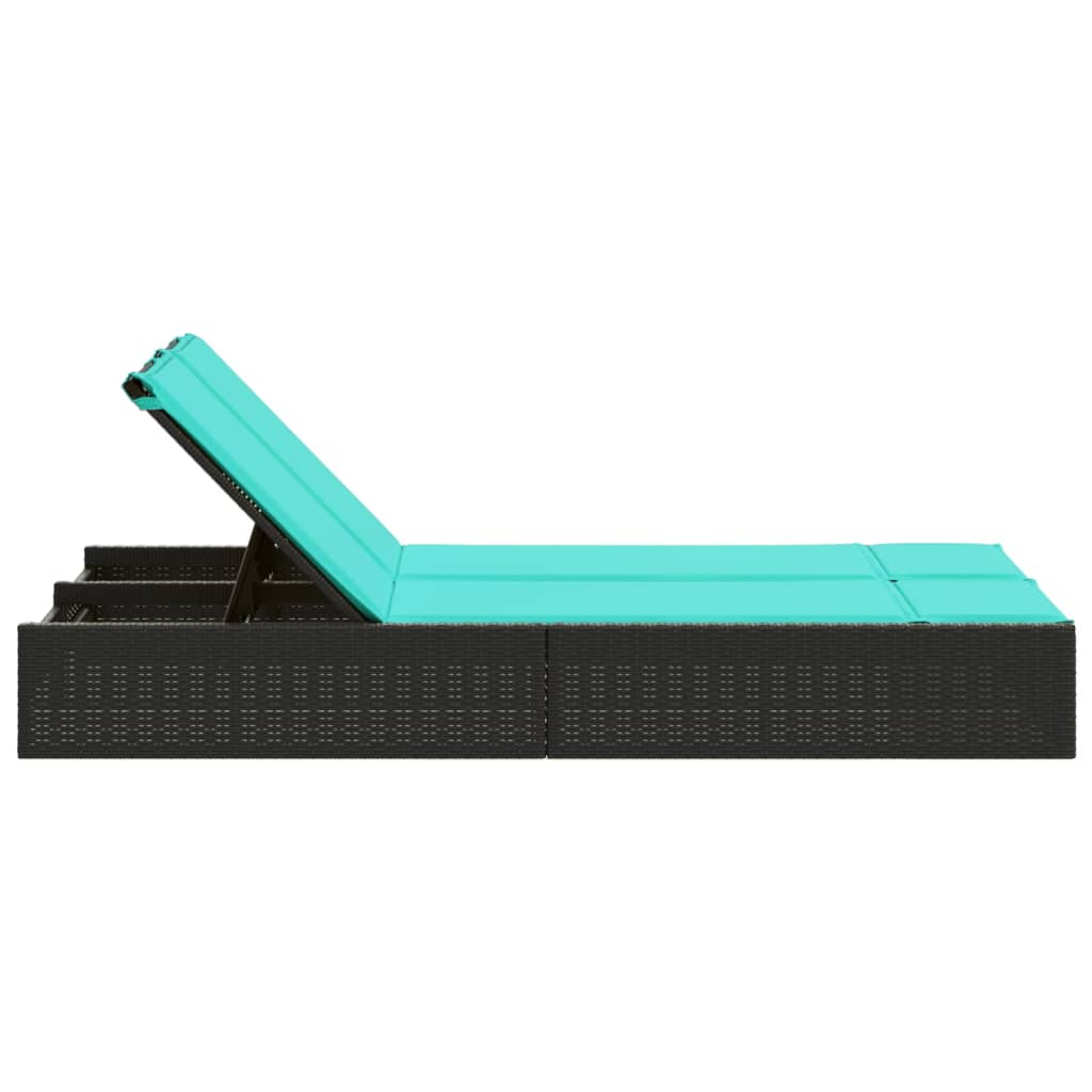 Double Sun Lounger with Cushions Black Poly Rattan