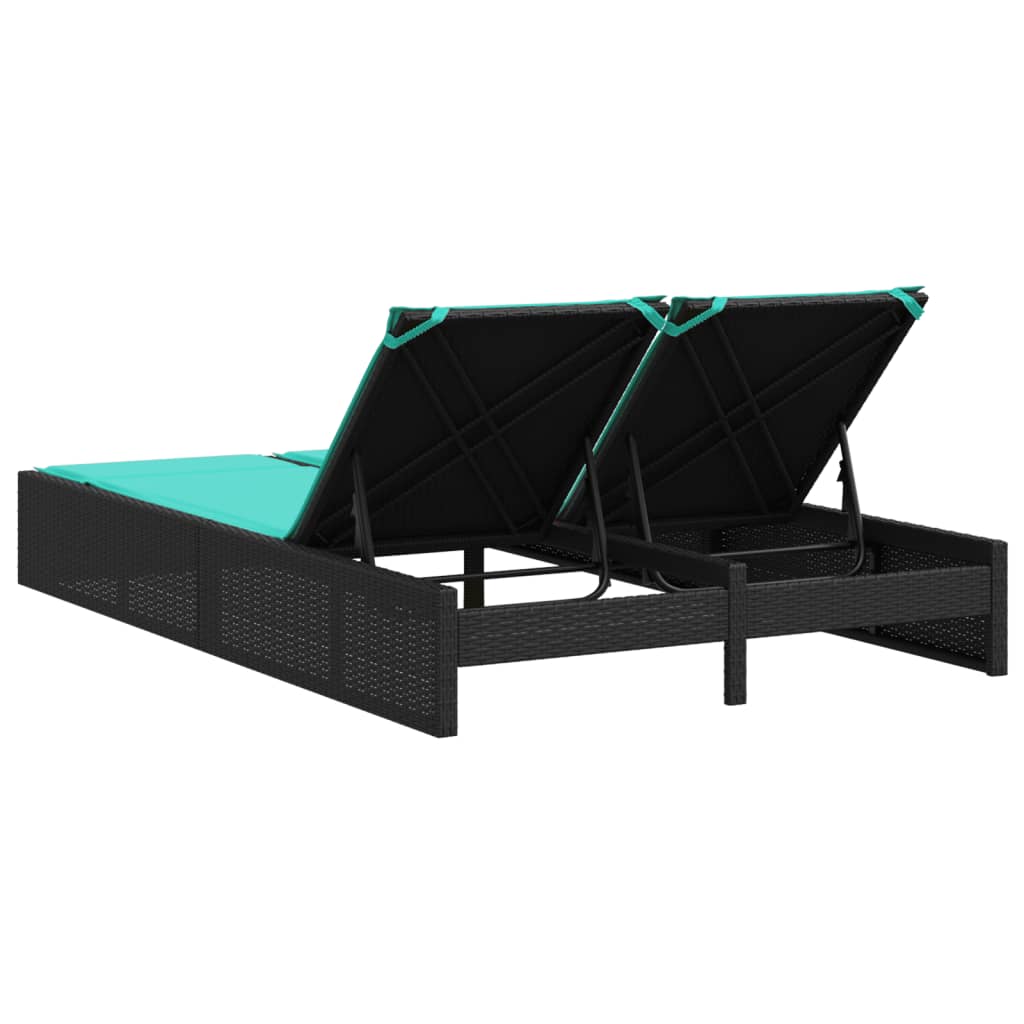 Double Sun Lounger with Cushions Black Poly Rattan