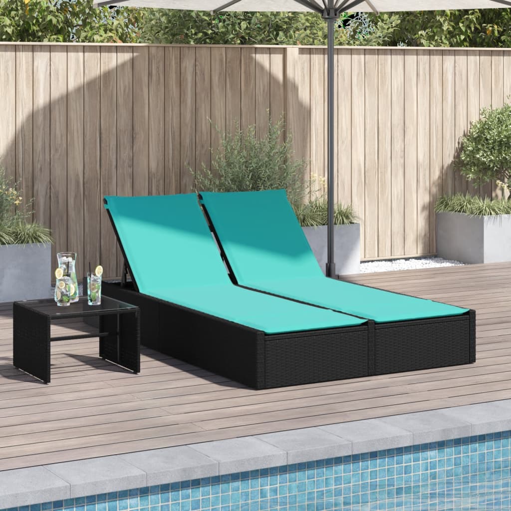 Double Sun Lounger with Cushions Black Poly Rattan