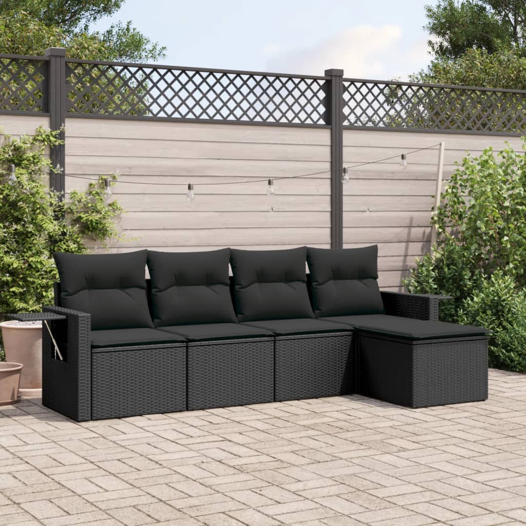 5 Piece Garden Sofa Set with Cushions Black Poly Rattan