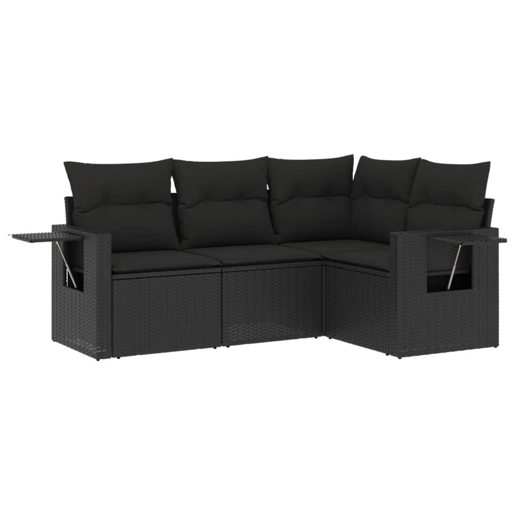 4 Piece Garden Sofa Set with Cushions Black Poly Rattan