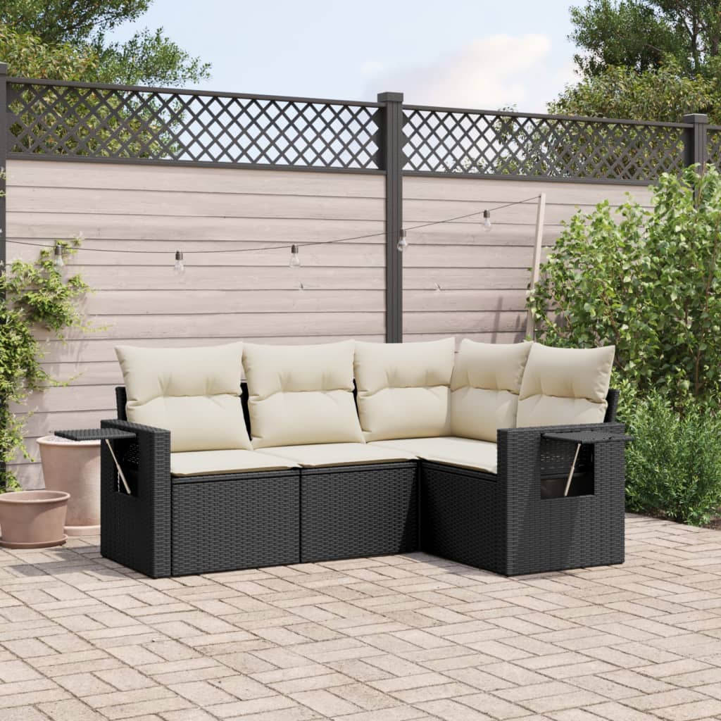 4 Piece Garden Sofa Set with Cushions Black Poly Rattan