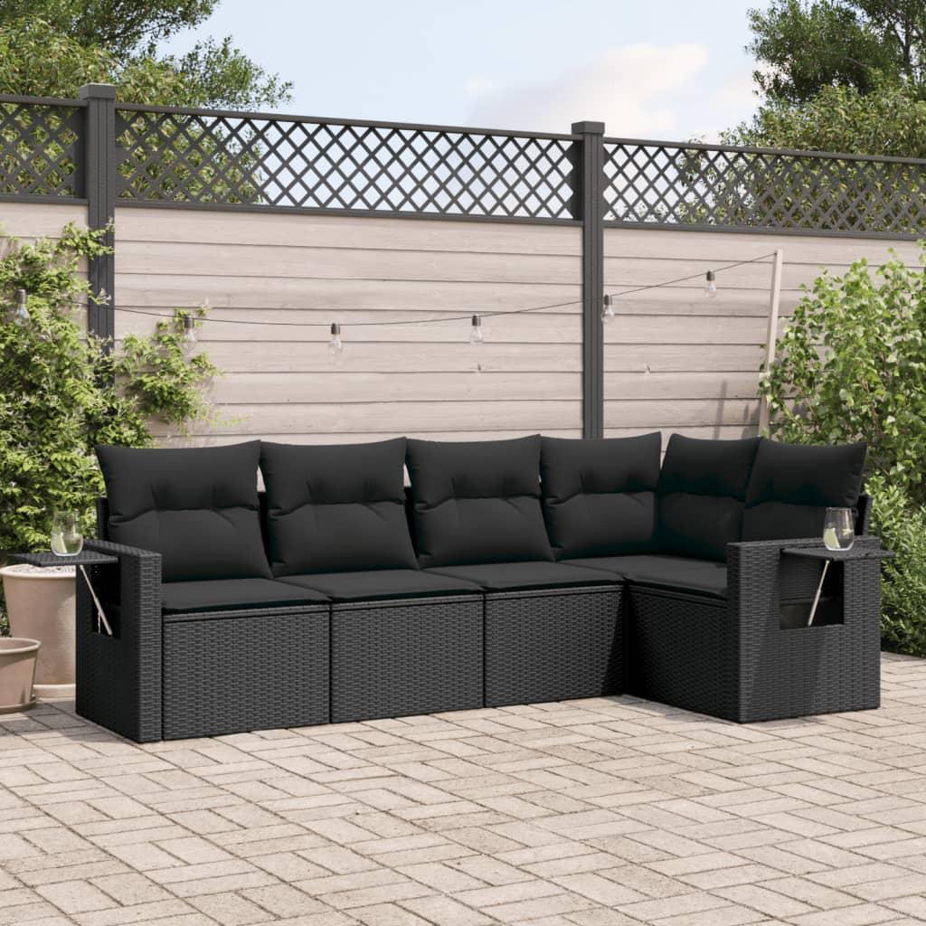 5 Piece Garden Sofa Set with Cushions Black Poly Rattan