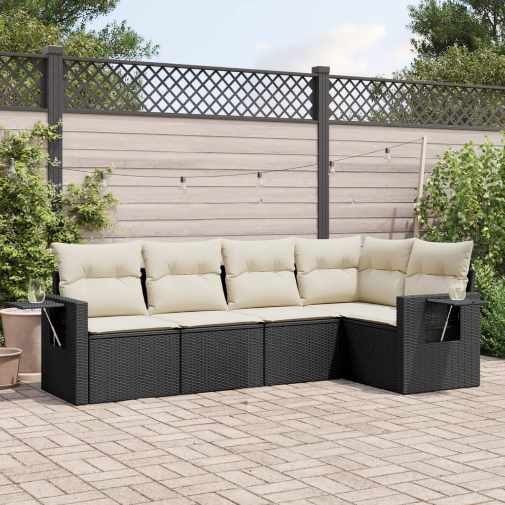 5 Piece Garden Sofa Set with Cushions Black Poly Rattan