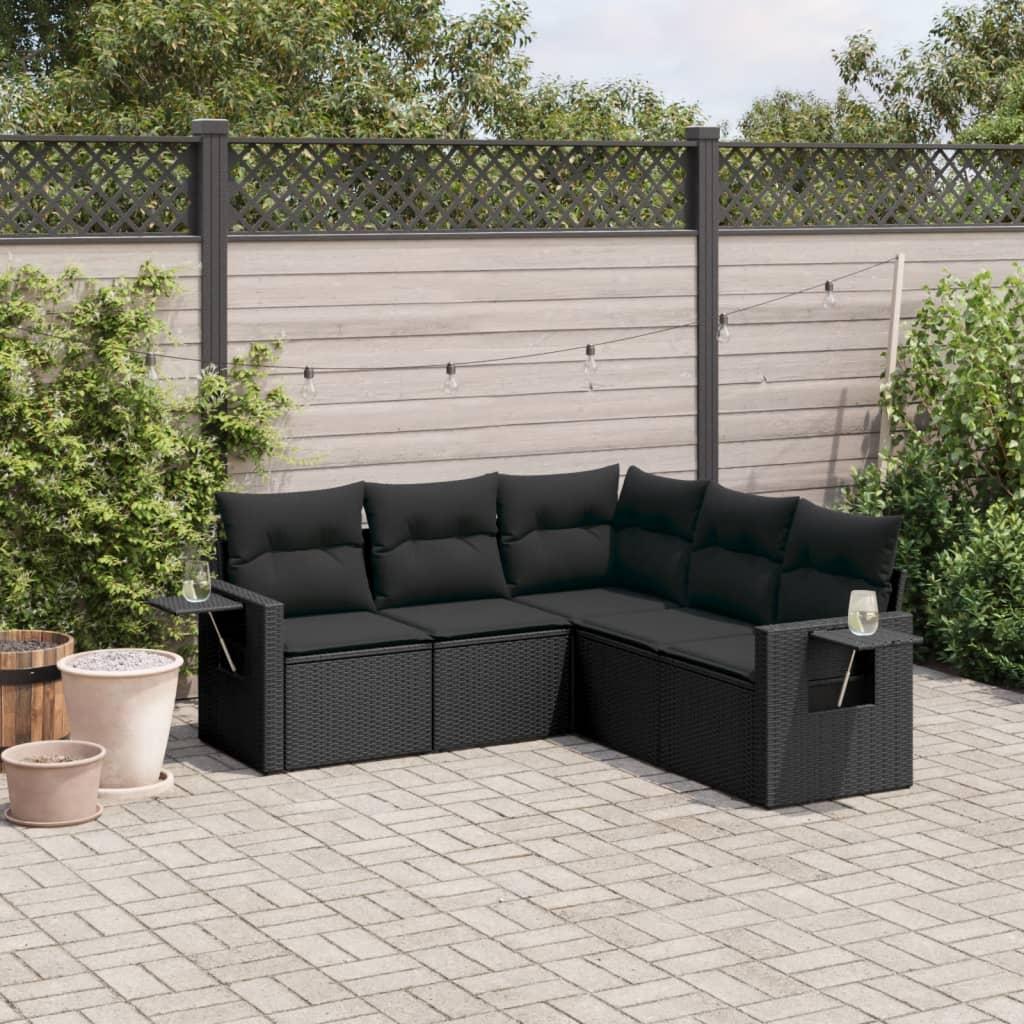 5 Piece Garden Sofa Set with Cushions Black Poly Rattan