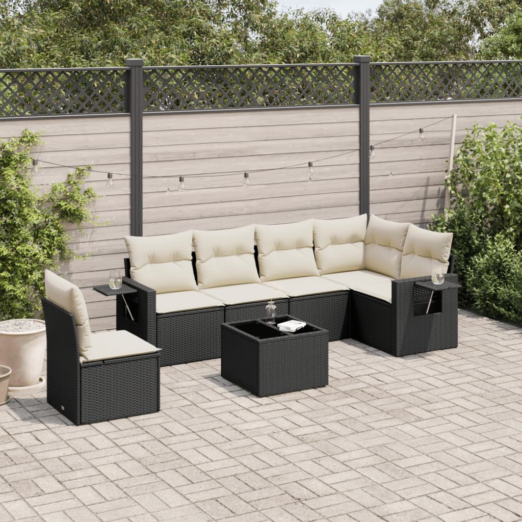 7 Piece Garden Sofa Set with Cushions Black Poly Rattan