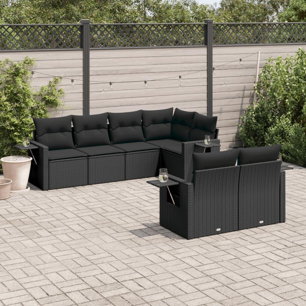 7 Piece Garden Sofa Set with Cushions Black Poly Rattan