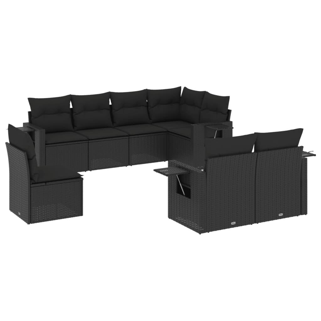 8 Piece Garden Sofa Set with Cushions Black Poly Rattan