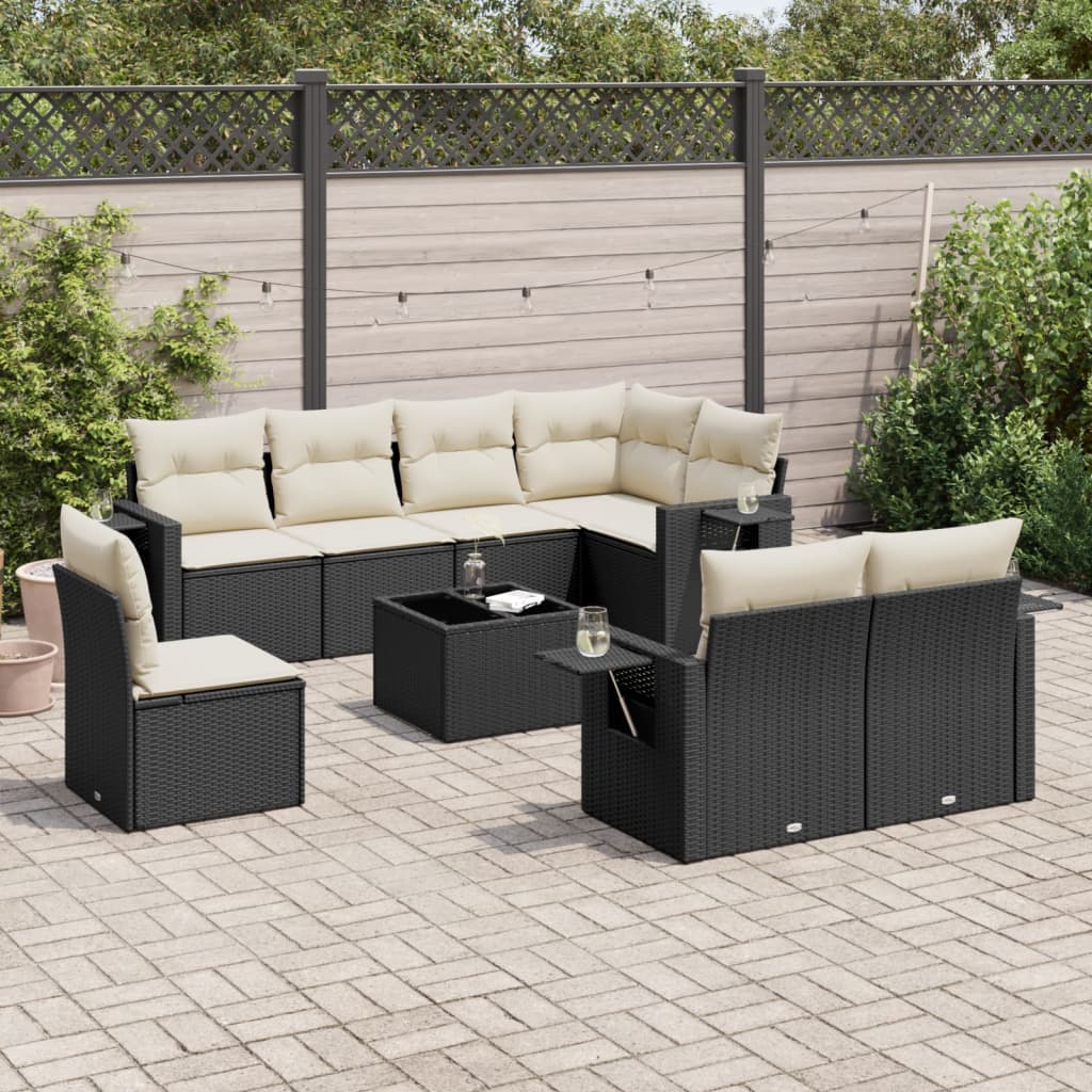 9 Piece Garden Sofa Set with Cushions Black Poly Rattan